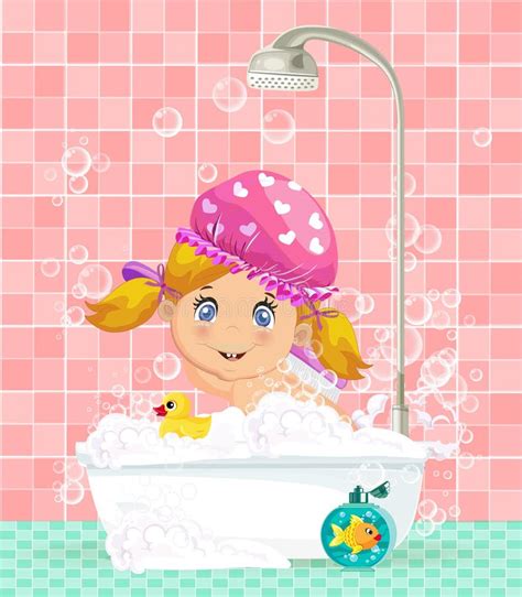Happy Cartoon Baby Girl Kid In Pink Bath Tub Stock Illustration