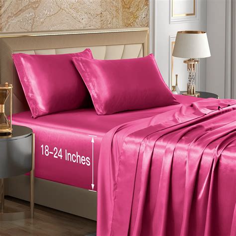 vacvelt 4pcs extra deep pocket satin sheets california king size bed set hot pink satin sheet
