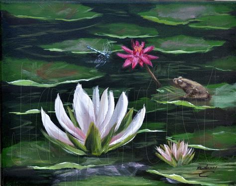 A Painting Of Water Lilies And A Frog In The Pond