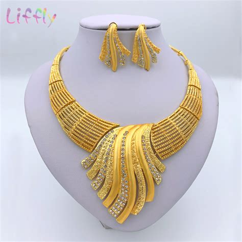 Liffly New Indian Jewelry Sets Multicolor Bridal Wedding Big Crystal Dubai Gold Jewelry Sets For