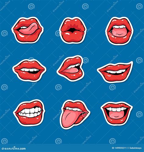 set of female mouths with red lipstick cartoon pop art style stock vector illustration of