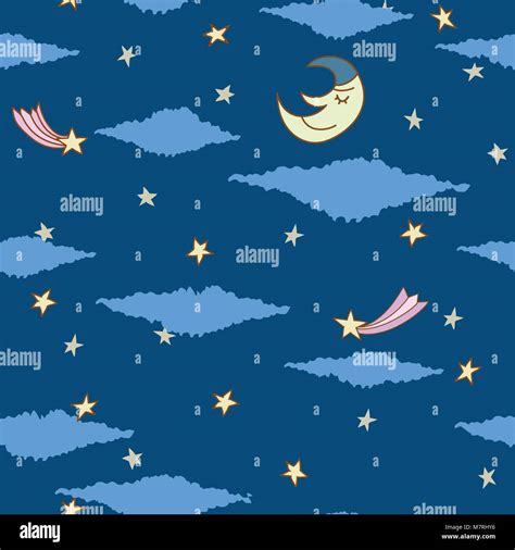 Seamless Pattern Made From Night Sky With Stars Clouds And Sleeping