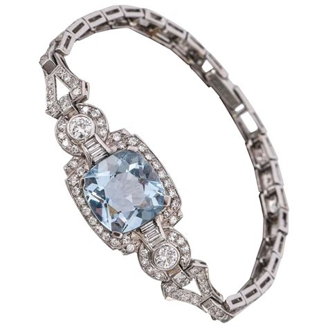 Art Deco Aquamarine Diamond Platinum Filigree Link Bracelet Vintage