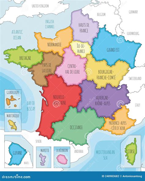 Vector Illustrated Map Of France With Regions And Territories And