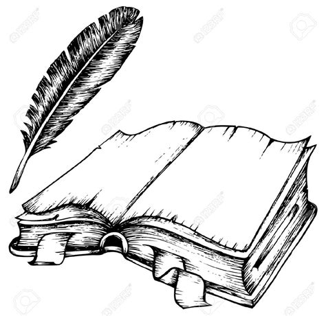 Drawing Of Opened Book With Feather Illustration Livre Dessin