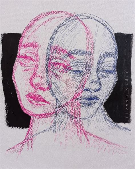 A Drawing Of Two Women S Faces With Different Colored Lines On The Face