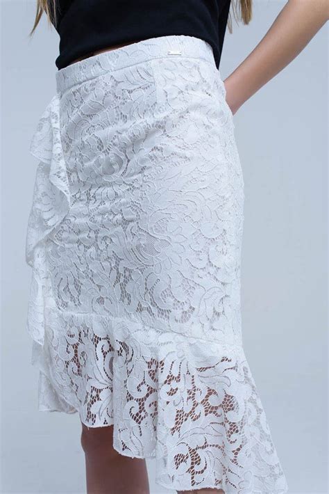 White Lace And Ruffle Midi Skirt Skirts White Lace Midi Skirt
