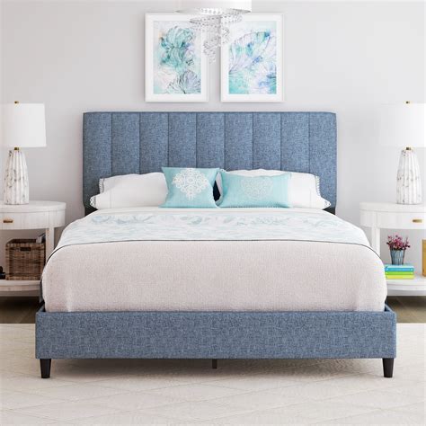 Premier Laura Linen Panel Upholstered Platform Bed Frame Blue Full