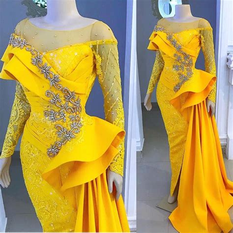 Aso Ebi 2019 Yellow Evening Dresses Lace Beaded Crystals Sheath Prom