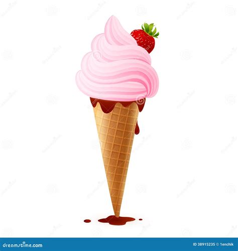 Soft Strawberry Ice Cream In Cone With Chocolate Stock Vector