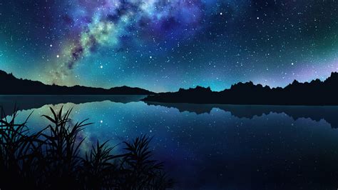 Stars Blue Sky Mountains Reflection On Water Anime Background 4k Hd