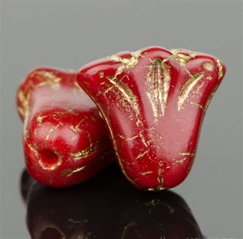 Czech Glass 9x10mm Lily Flower Beads Red Opaline With Gold Etsy