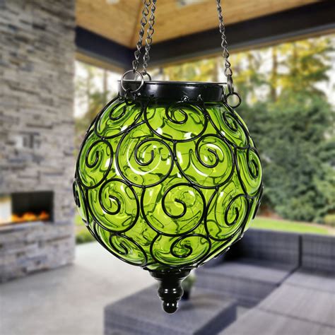 Solar Round Glass And Metal Hanging Lantern In Green Exhart