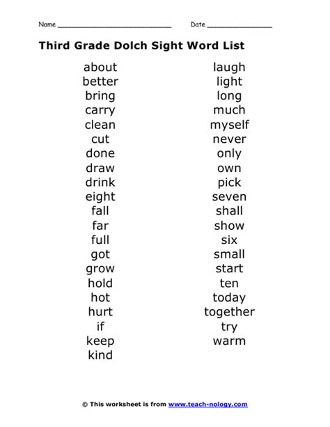 Third Grade Dolch Sight Word List