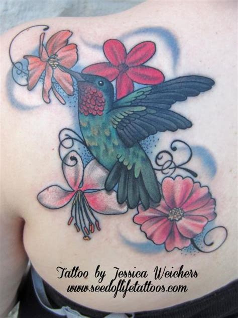 Feminine Hummingbird And Floral Piece By Jessica Weichers Tattoos