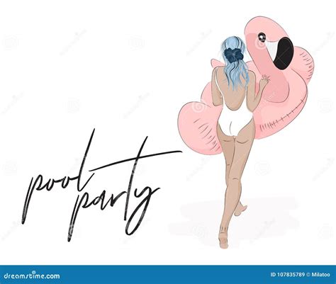 Pool Party Poster Vector Fashion Illustration With Girl Relaxing On The Inflatable Flamingo