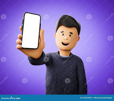 A Cartoon Man Holds And Shows A Smartphone With A Blank Screen Stock Illustration Illustration