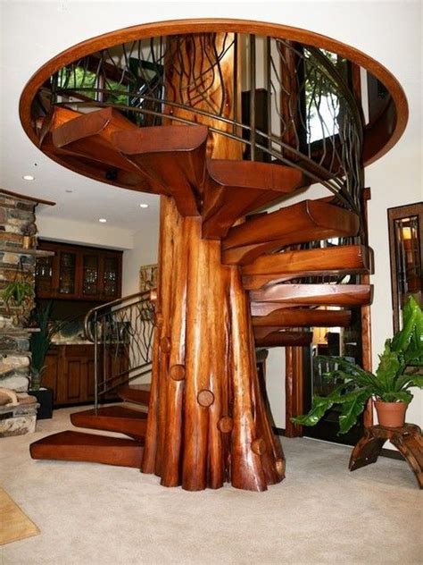 This is because of the fact that you have to turn and walk, whereas on the ladder you climb. Natural tree trunk for spiral stairs with steel handles ...
