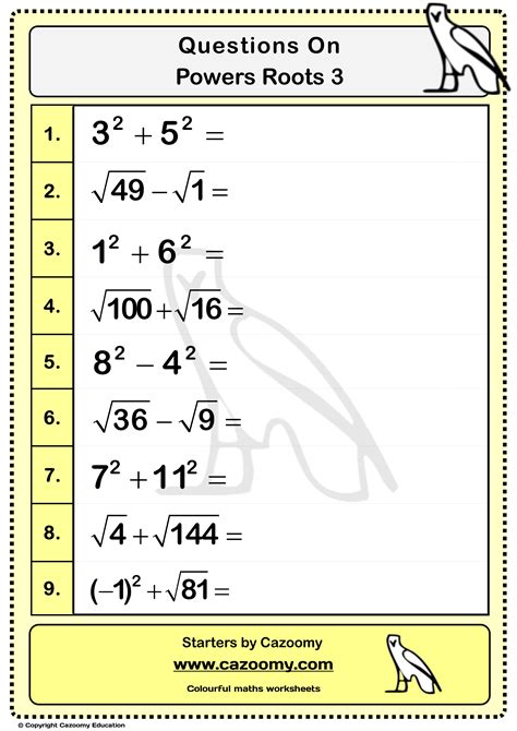 N Roots And Powers Of Numbers Worksheet