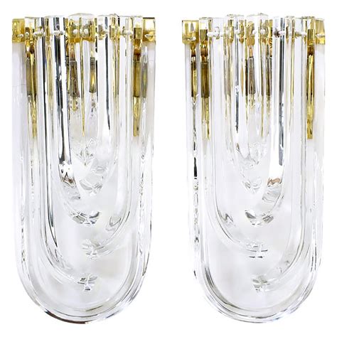 Pair Of Venini Bent Crystal And Brass Sconces At 1stdibs