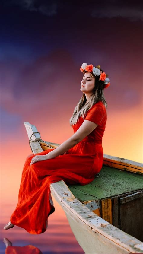 Download Wallpaper Beautiful Girl Sunset Boat Lake Dreaming 1080x1920