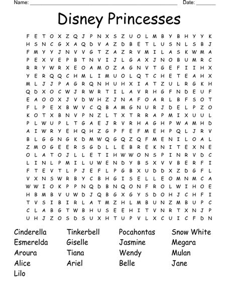 Word Search With Disney Princess Names