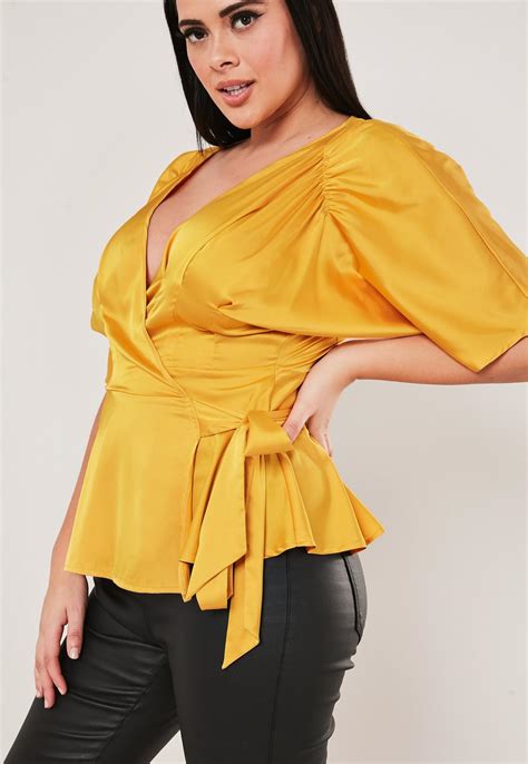 Plus Size Mustard Satin Wrap Top Missguided