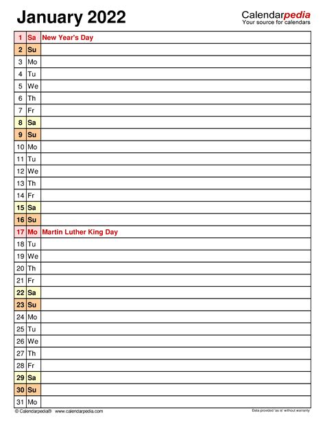 Free Weekly Calendar 2022 January Calendar 2022