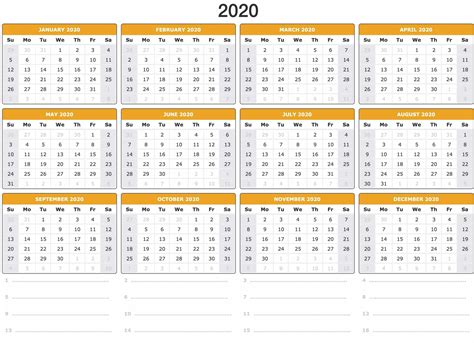 Ετήσιο ημερολόγιο 2020 με σημειώσεις In 2020 2020 Calendar Template