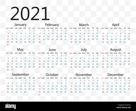 Calendario 2021 La Semana Comienza El Domingo Ilustración Vectorial Diseño Plano Imagen