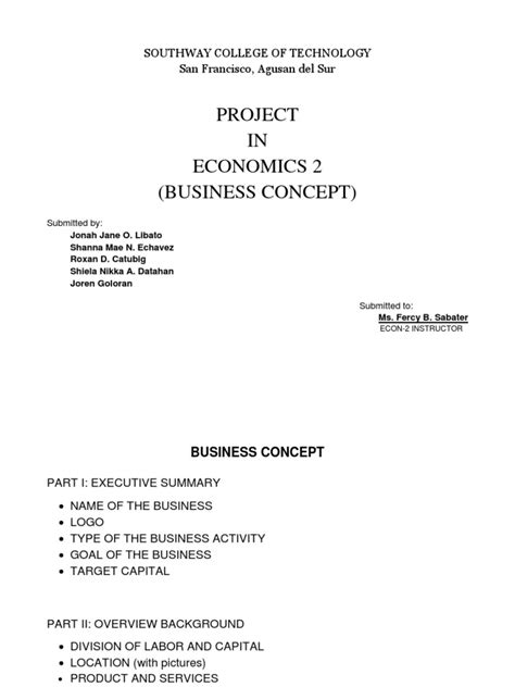 Project In Economics 2 Business Concept Southway College Of