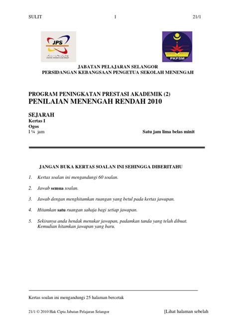 Malay for lower secondary assessment) was a malaysian public examination. Penilaian Menengah Rendah 2010: Program Peningkatan ...