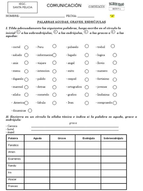 Palabras Agudas graves Y Esdrújulas Worksheet Palabras agudas Agudas