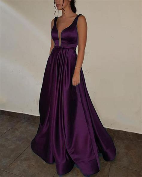 Purple Prom Dress With Deep V Neck A Line Satin Formal Gown Long Pl3650 Purple Prom Dress