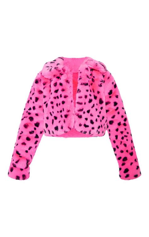 Bright Pink Leopard Faux Fur Crop Jacket Prettylittlething Usa Faux