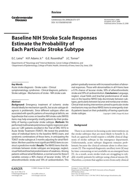 Baseline Nih Stroke Scale Responses Stroke Logistic