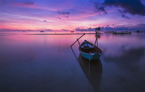 Wallpaper Sea The Sky Clouds Sunset Reflection Boat Boats The