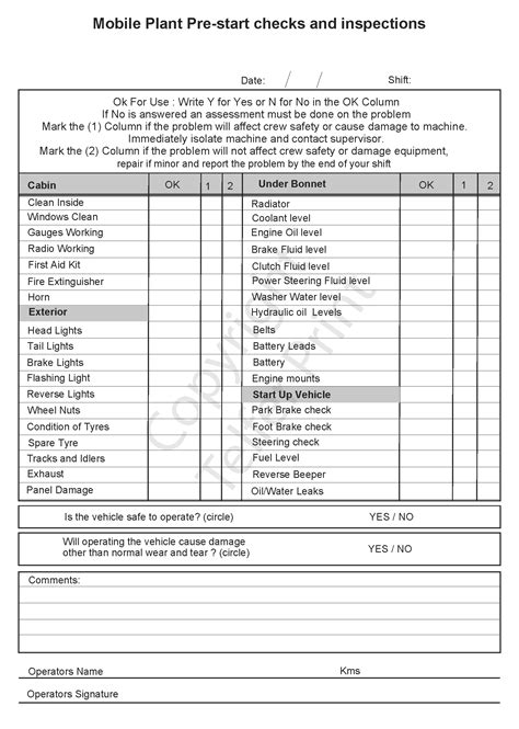 Free Vehicle Pre Start Checklist Template Printable Templates