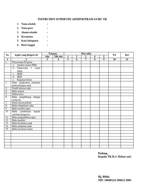 Instrumen Supervisi Administrasi Guru Tk Pdf Pdf