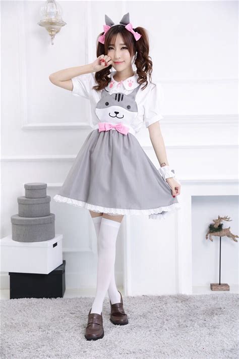 Neko Atsume Cos Cute Cat Maid Outfit Lolita Dress Black Gray Yellow Color Sweet Mori Girl Style