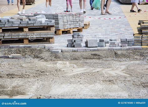 Process Of Construction Of Brick Paved Sidewalk Half Built Pavement