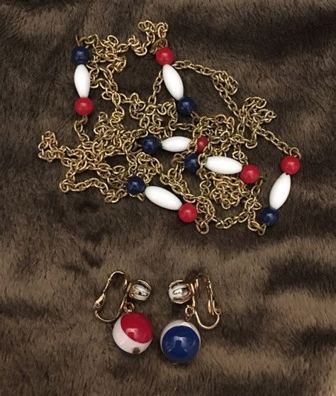 Vintage Red White And Blue Necklace And Earring Set Gem