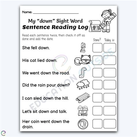 Down Sight Word Worksheets And Activities Free Printables