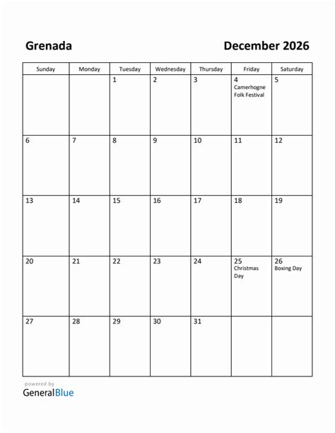 Free Printable December 2026 Calendar For Grenada