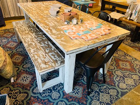 Rustic Farmhouse Table With Chairs And Bench Weathered White Top With