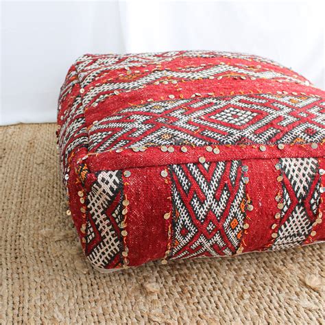 Moroccan Floor Cushion 60x60x20cm Red Embellished Vintage Rug Etsy