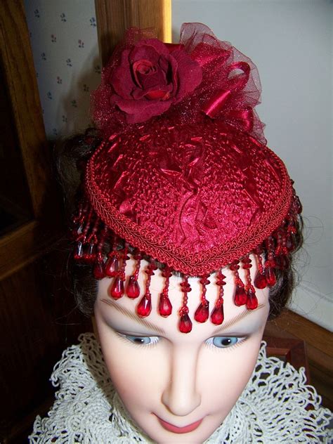 ladies victorian civil war teardrop hat and reticule burgandy with beads braid red hat