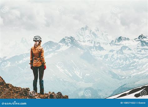 Woman Hiking In Snowy Mountains Travel Lifestyle Stock Photo Image Of