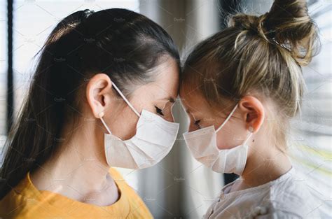 Mother And Child With Face Masks Featuring Caucasian Woman And