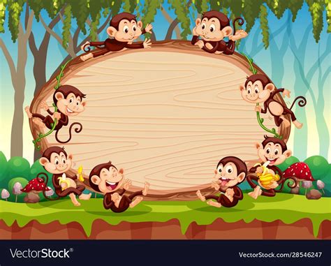 Border Template Design With Cute Monkeys In Forest Illustration